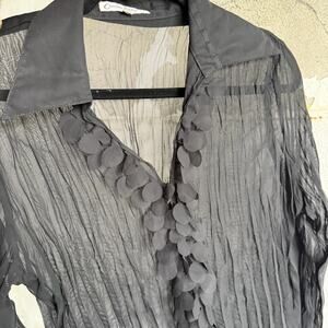 Black Sheer Pleated Blouse Ruffle Long Sleeve Party Top Medium Claudia Richard